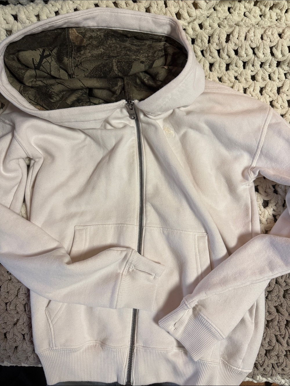 abercrombie kids cream Full-Zip Hoodie with Camo Lining in hood